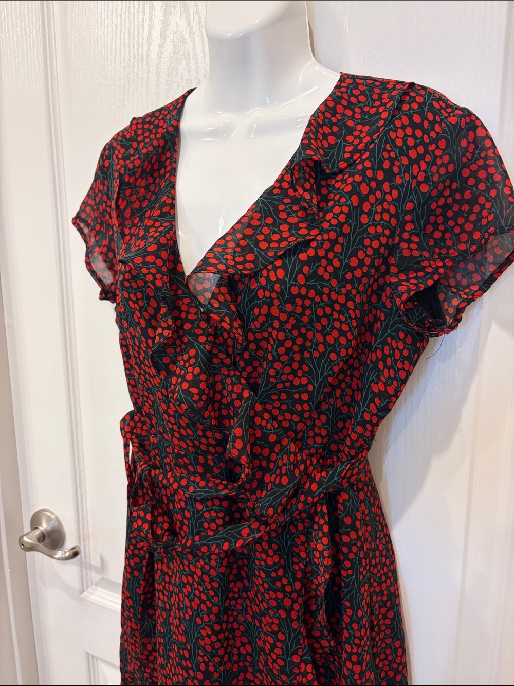 Bardot Black Red Cherry Print Faux Wrap Ruffle Mini Dress 6 - Picture 3 of 8